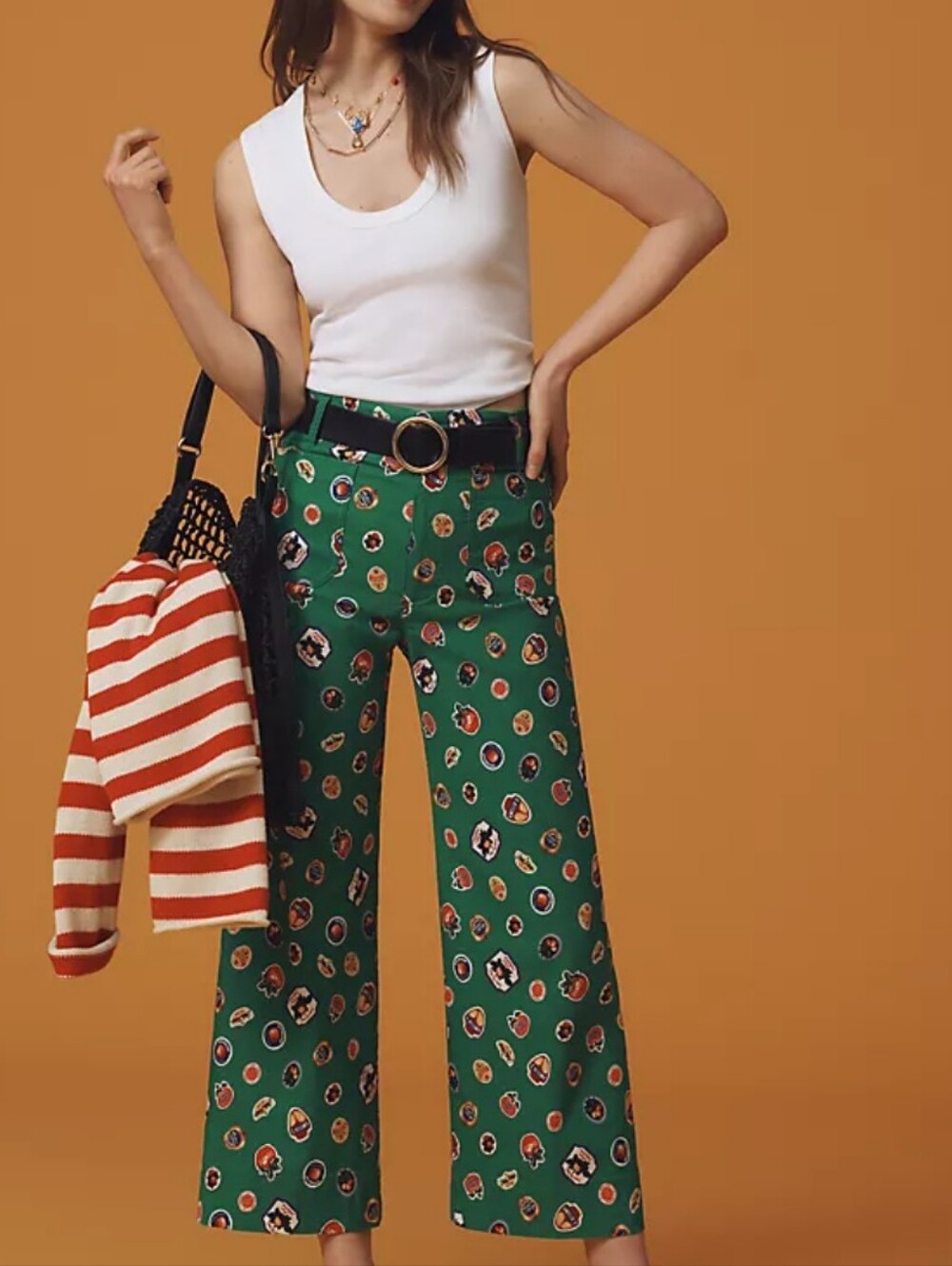 Maeve The Colette Green Pants with Colorful Badge Print